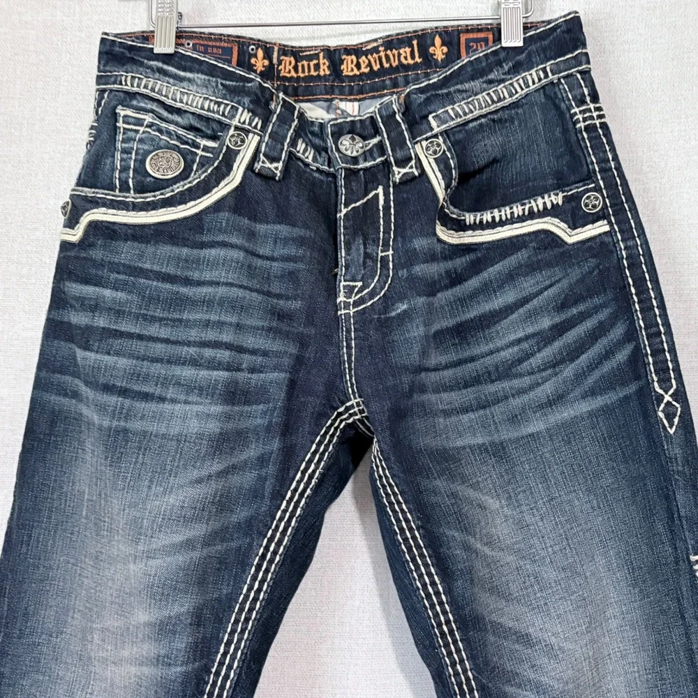 Rock Revival Men Drk Wash Bootcut Jeans Fleur de Lis Thick Stitch Blue 29x32 Y2K